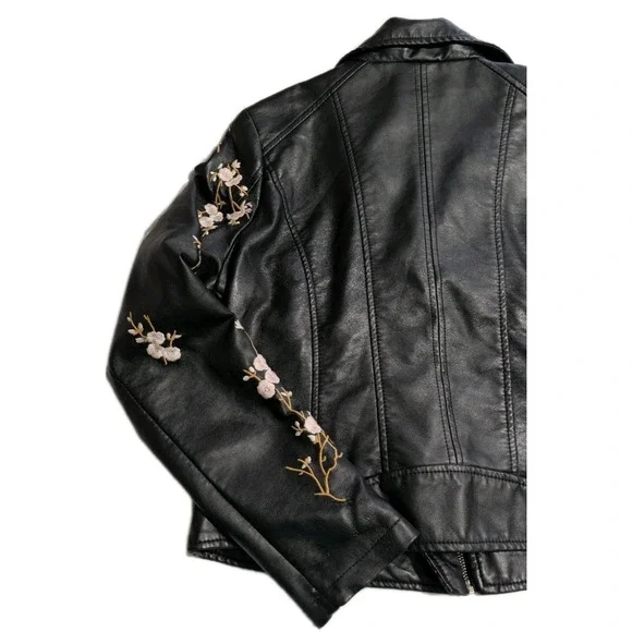 JouJou J2 Cherry Blossom Embroidered Moto Jacket Womens XL Black Biker - Picture 8 of 8